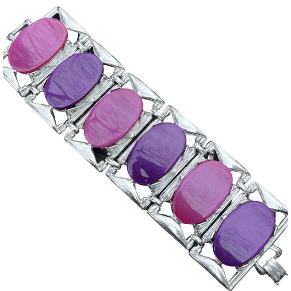 Vtg Bracelet Estate Signed DAM Lucite Chunky Runway Pink Purple 7” Heavy - Picture 1 of 14